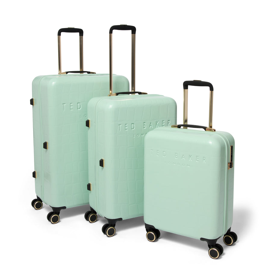 Three-piece Ted Baker hardshell luggage set in mint green, featuring different sizes with telescoping handles and dual spinner wheels, on a white background.