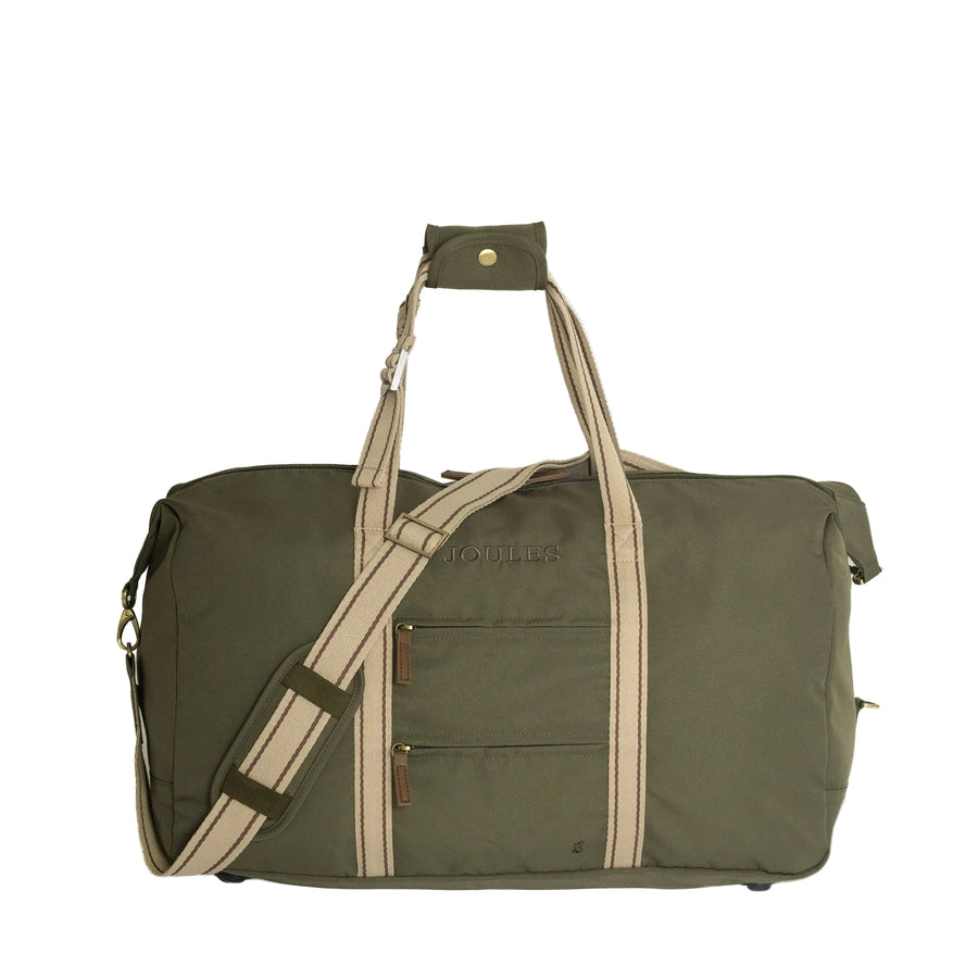 An olive green duffel bag with beige and white striped handles, straps, and zipper pulls, shown against a light gray background.