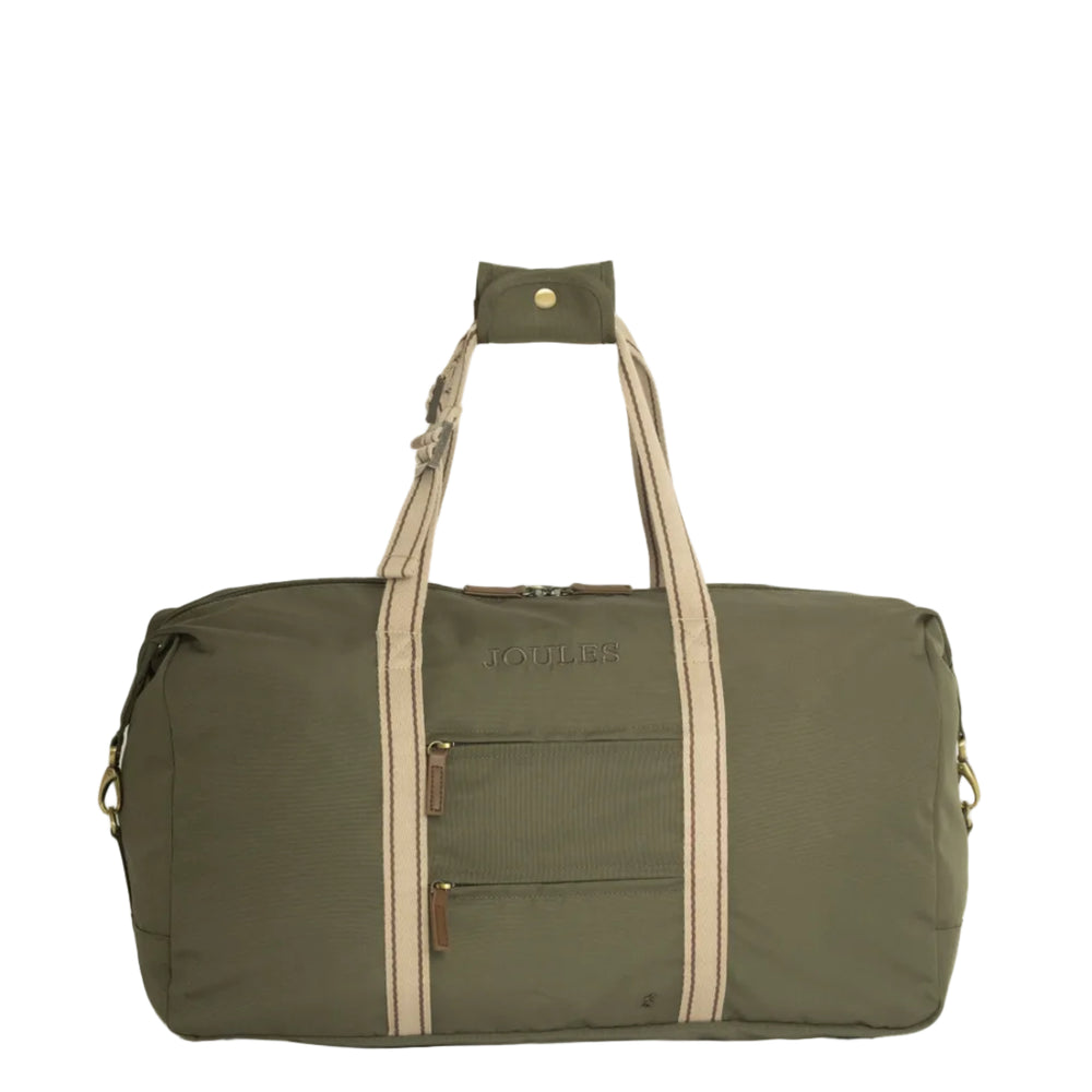 An olive green duffel bag with beige webbing handles and gold-tone hardware, shown against a plain light gray background.