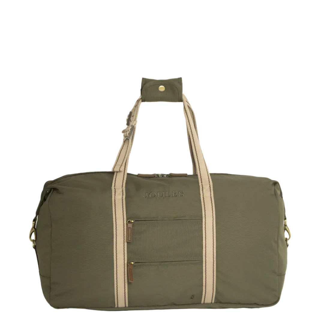 An olive green duffel bag with beige webbing handles and gold-tone hardware, shown against a plain light gray background.