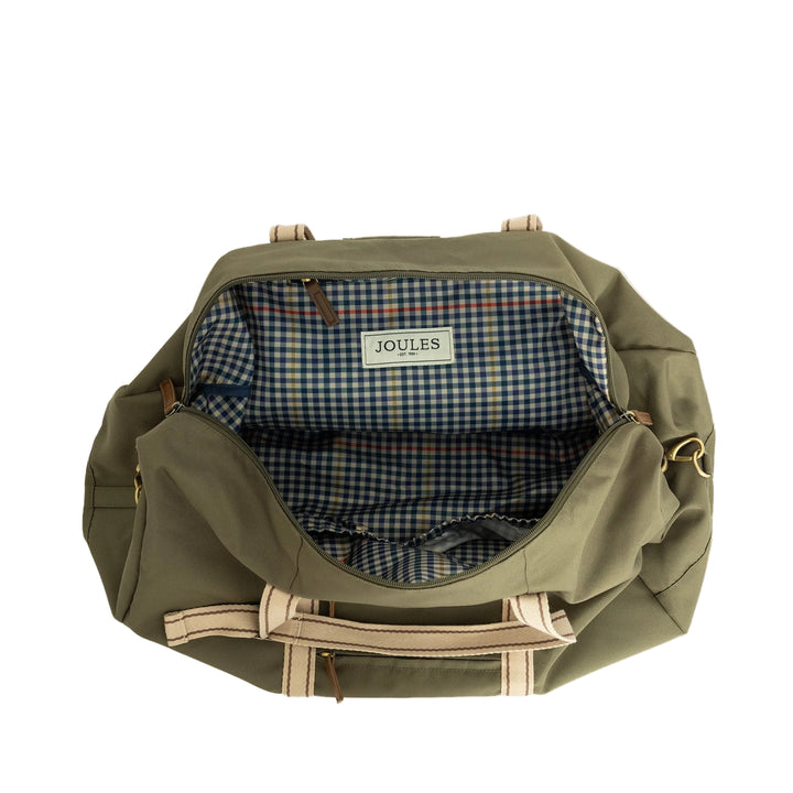 An olive green duffel bag shown from a top-down view, open to reveal a blue and beige gingham patterned interior lining with a visible Joules brand label.