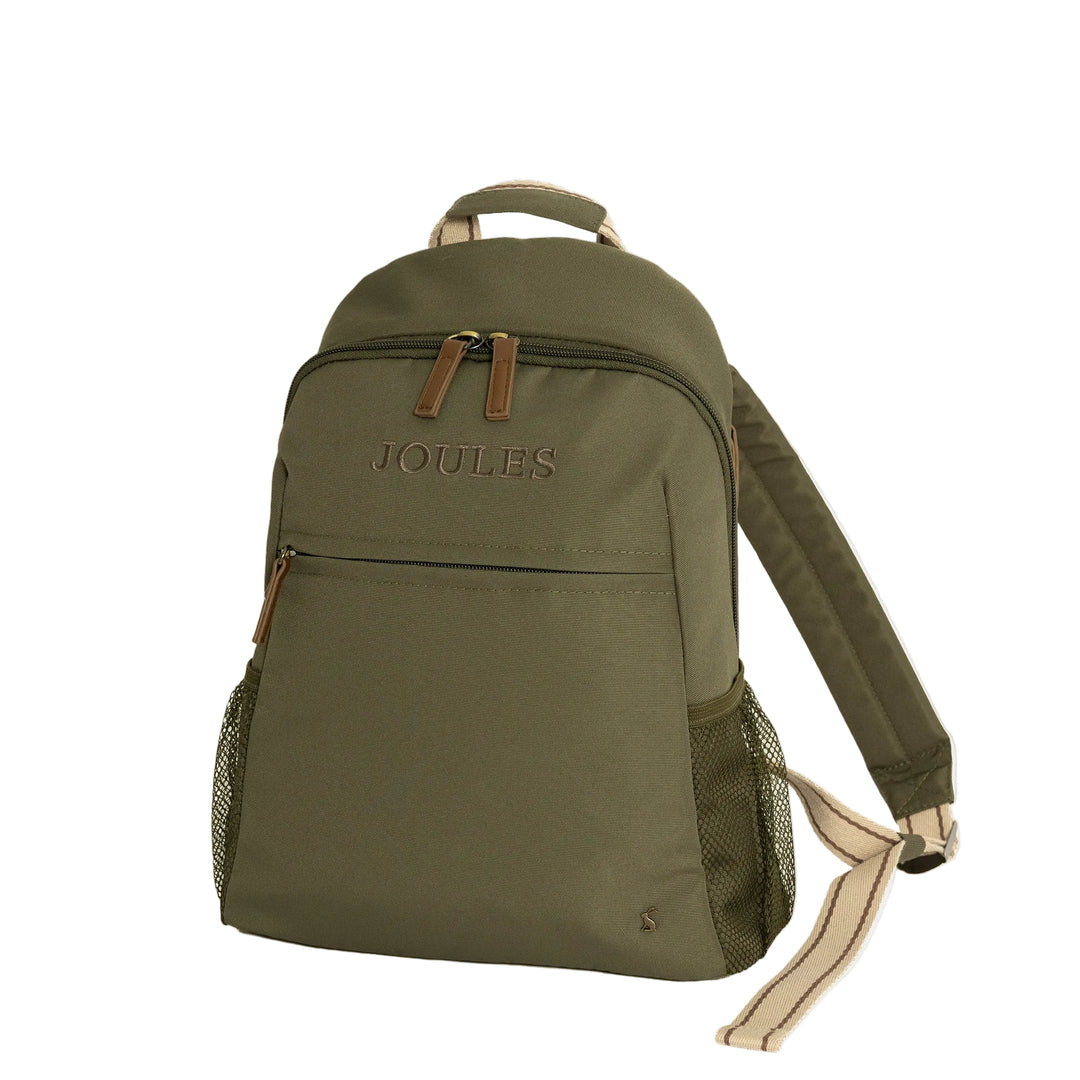 An olive green Joules backpack with tan leather-like zipper pulls and a beige shoulder strap, shown on a white background.