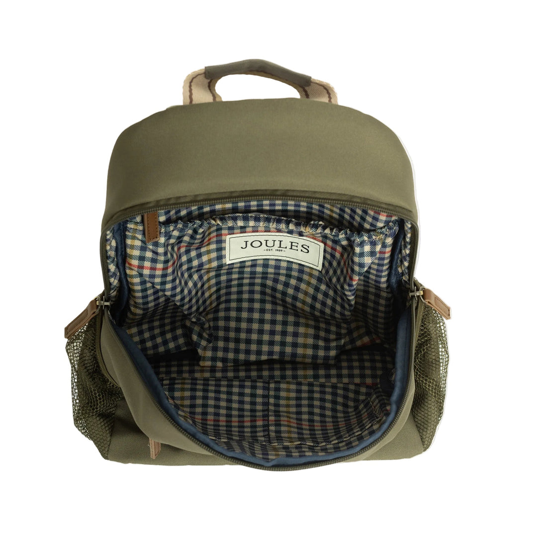 An open olive green backpack by Joules, showing a blue and beige gingham patterned interior lining with the Joules brand label visible.