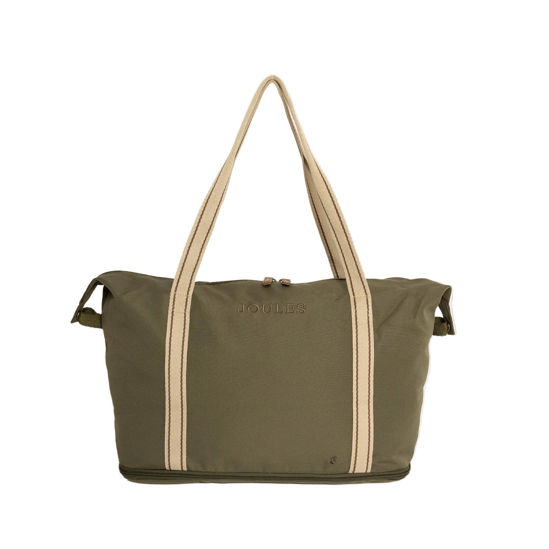 An olive green tote bag with beige shoulder straps and trim, featuring a debossed brand name on the front, set against a plain light gray background.