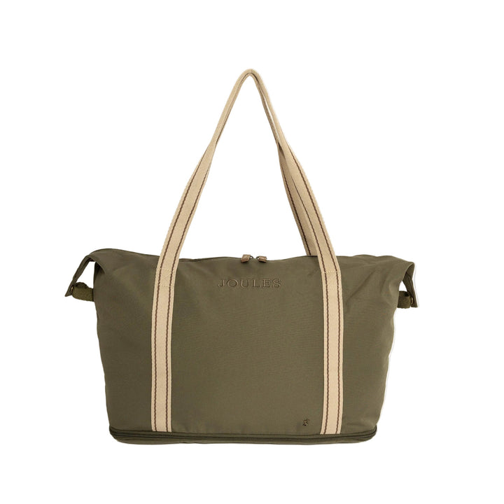 An olive green tote bag with beige shoulder straps and trim, featuring a debossed brand name on the front, set against a plain light gray background.