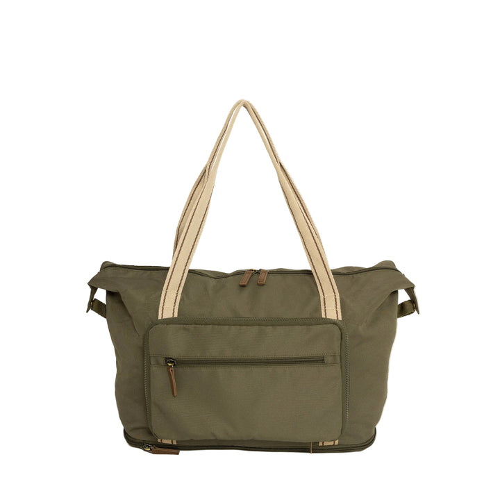 An olive green canvas tote bag with beige fabric shoulder straps and small brown leather accents, shown against a plain light gray background.