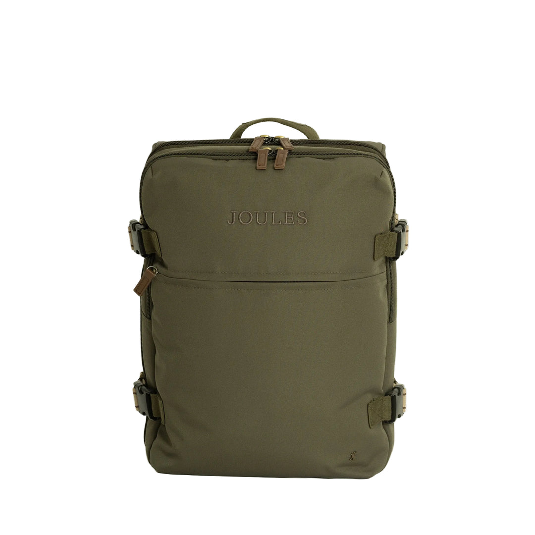 An olive green Joules backpack with front buckle straps and a top handle, shown against a plain light gray background.