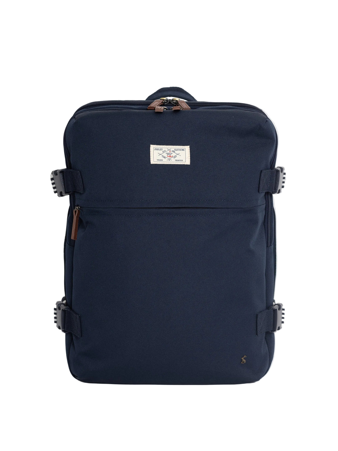 A navy blue backpack with brown leather look accents and a small white brand label on the front, photographed against a clean white background.
