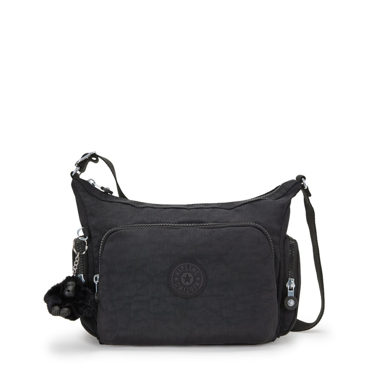 Black handbag with a visible brand logo on a white background