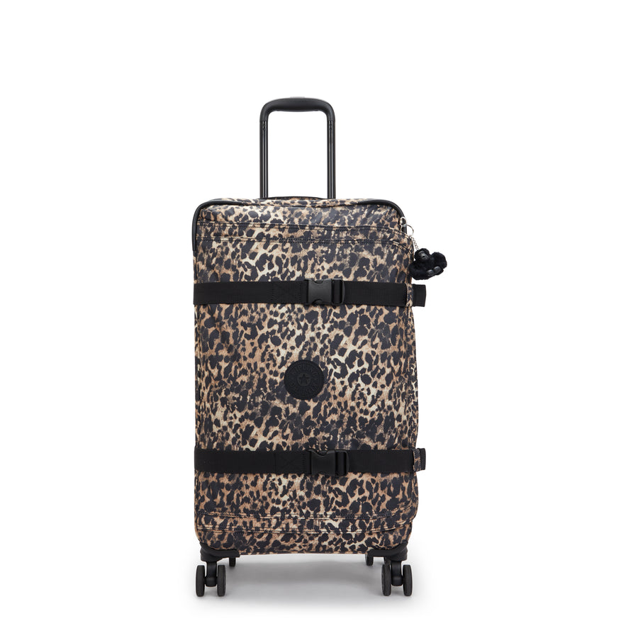 Leopard print suitcase with black accents on a white background