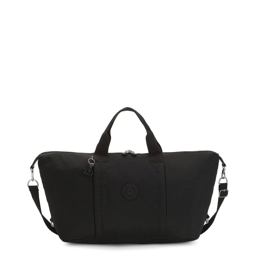 Black travel bag with a visible brand logo on a white background