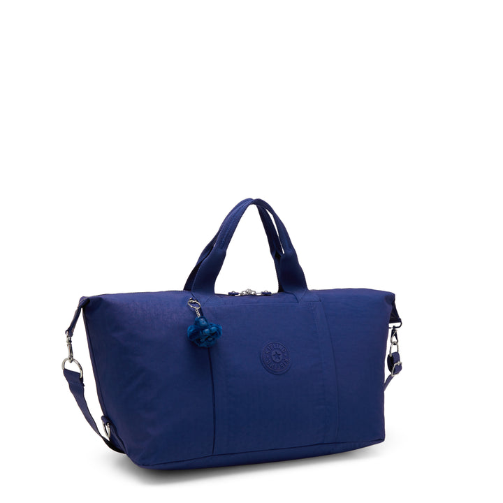 Blue duffle bag with a visible Kipling brand logo on a white background