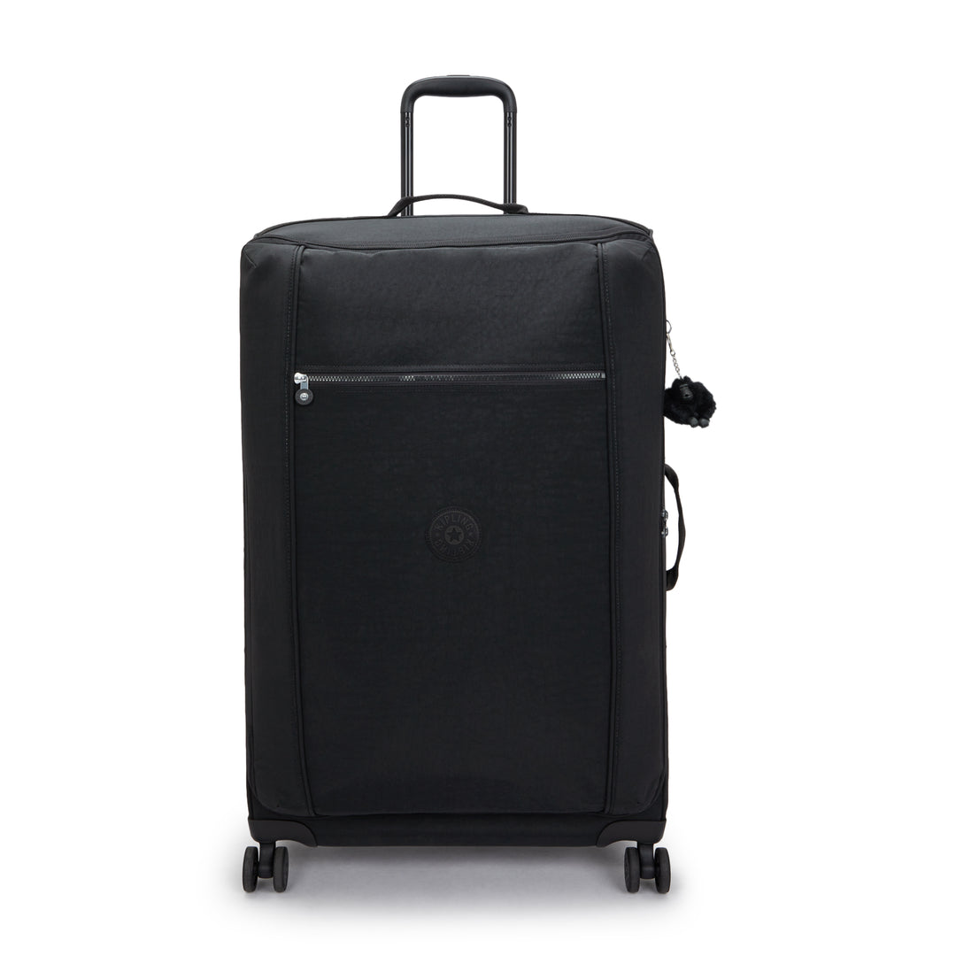 Black suitcase with wheels on a white background
