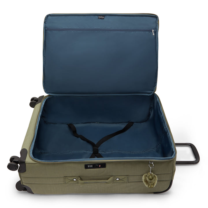 Open suitcase with green exterior and blue interior on a white background