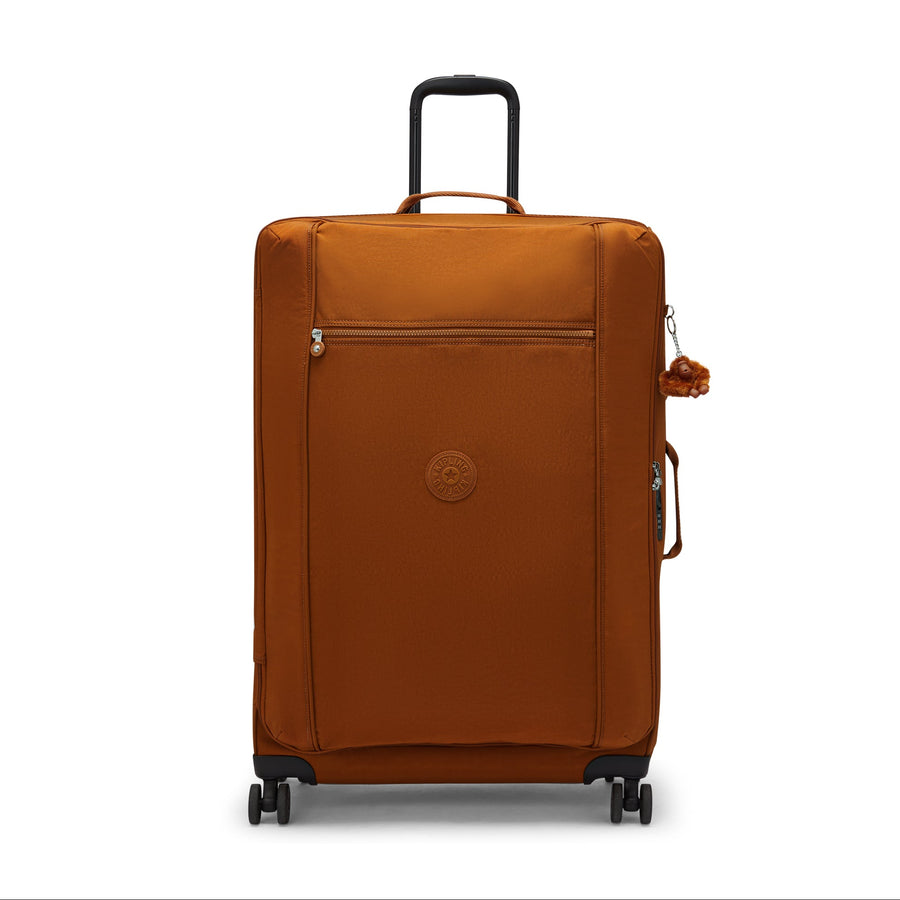 Brown suitcase with wheels on a white background