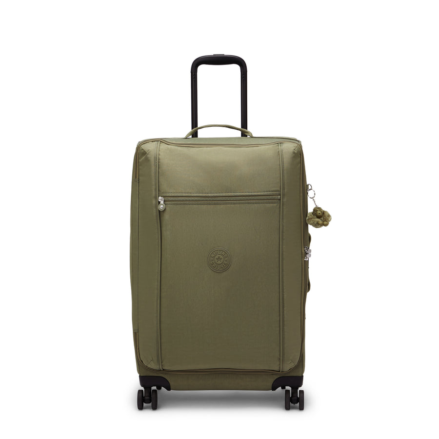 Green suitcase with a visible brand logo on a white background