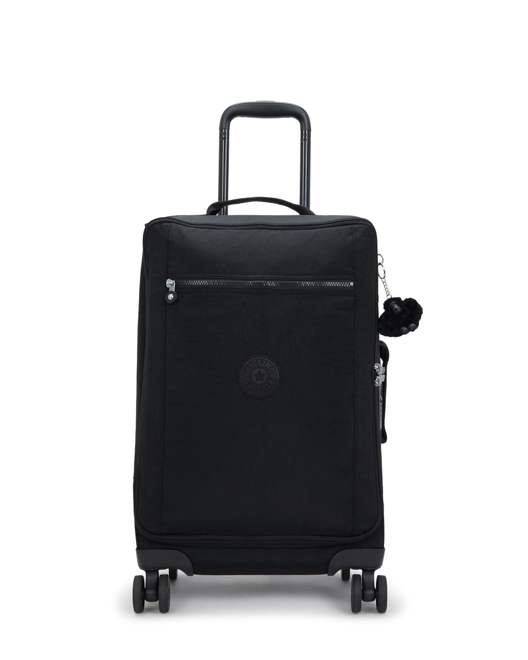 Black suitcase with a handle and wheels on a white background