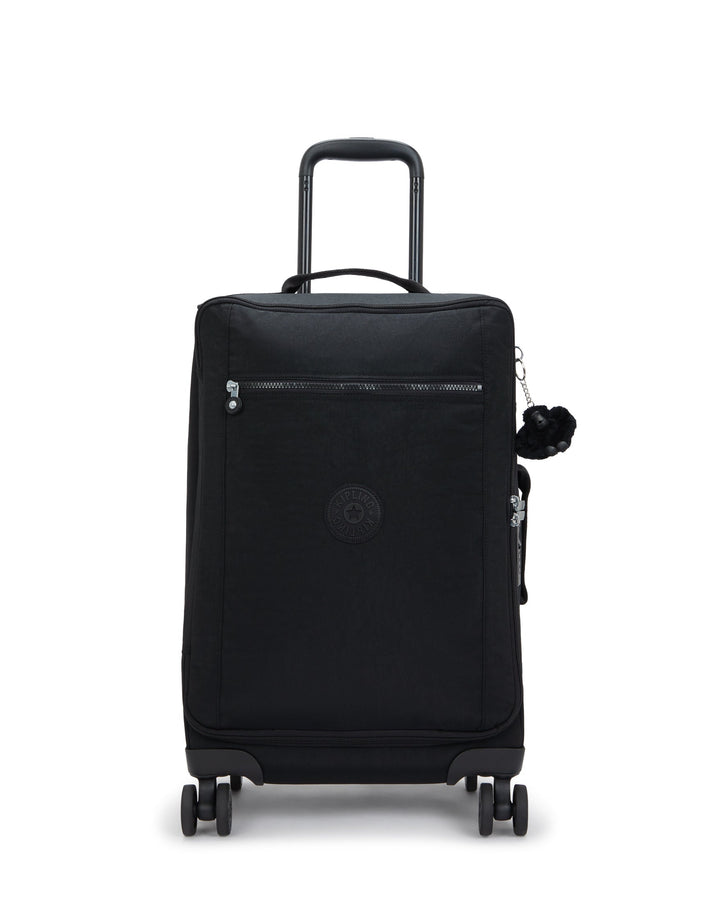 Black suitcase with a handle and wheels on a white background