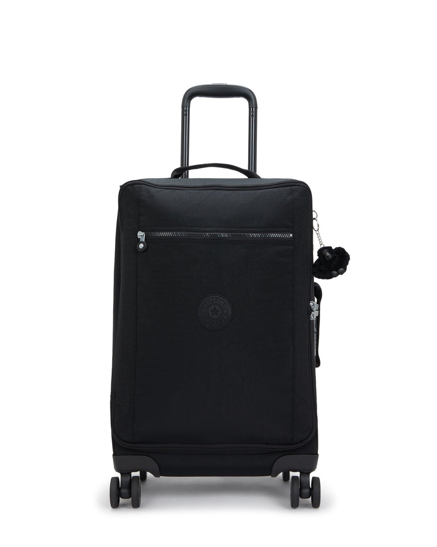Black suitcase with a handle and wheels on a white background