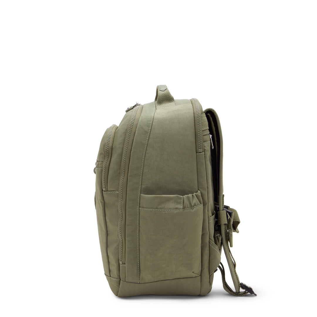 Green backpack on a white background