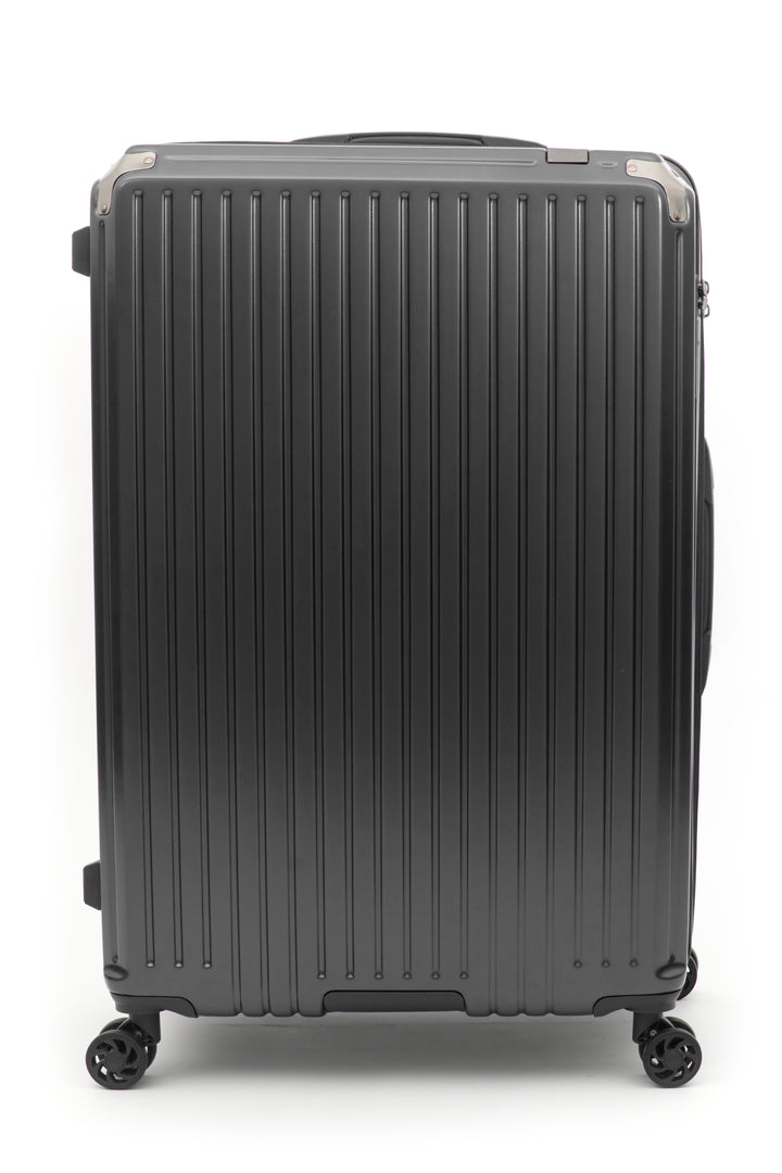 A black ribbed hard-shell suitcase with four spinner wheels, shown from a front-facing perspective on a white background.