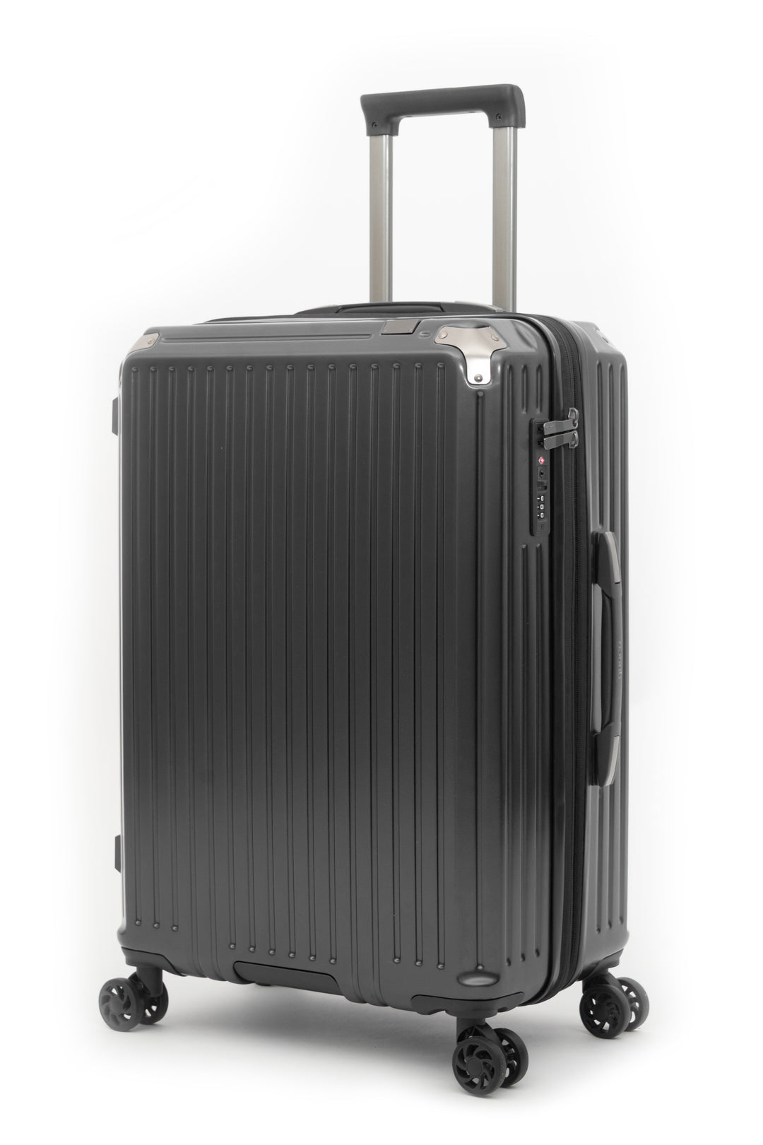 A black ribbed hard-shell suitcase with an extended telescopic handle and four spinner wheels, shown on a clean white background.
