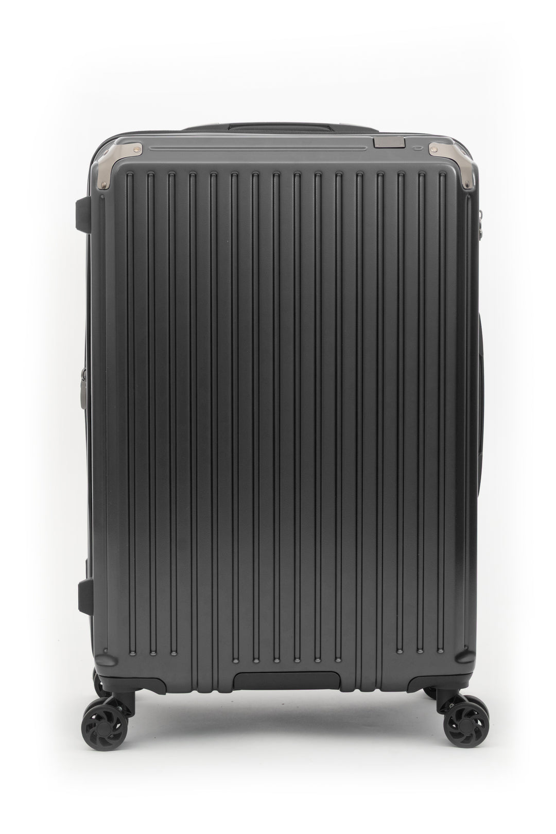 A black vertical ribbed hard-shell suitcase with four spinner wheels, shown from a front-facing perspective on a white background.