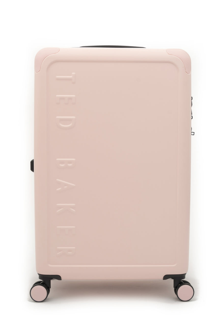 Pink suitcase with open lid on a white background