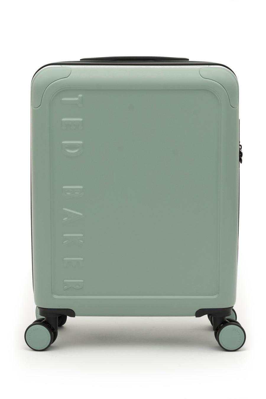 Green suitcase with 'Ted Baker' branding on a white background