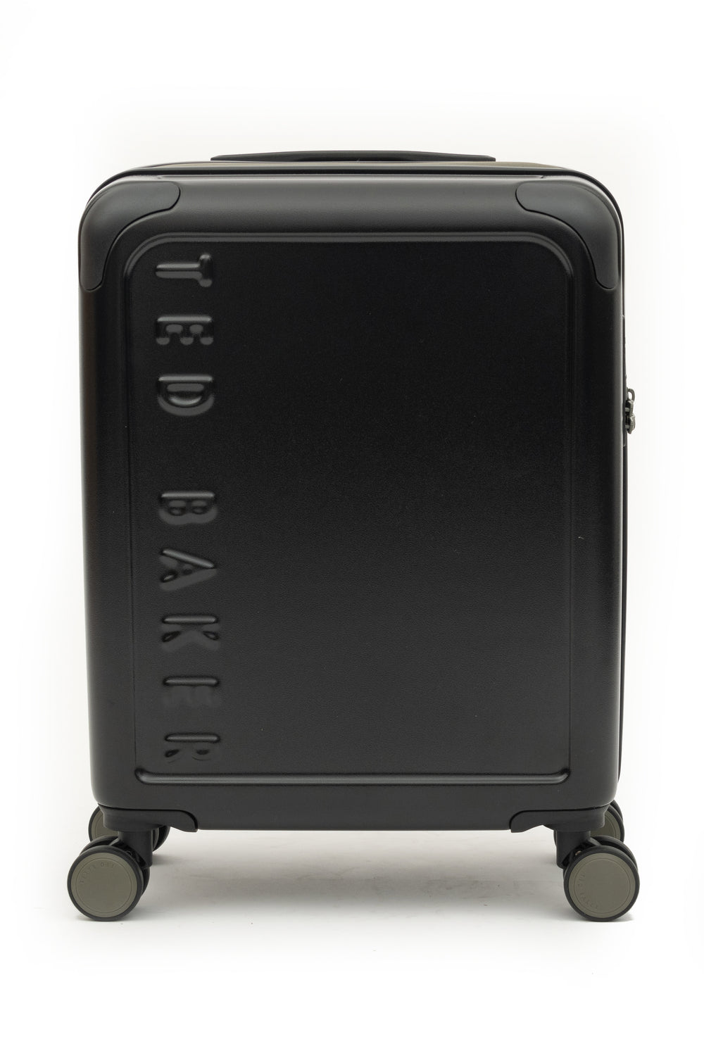 Black suitcase with 'Ted Baker' branding on a white background