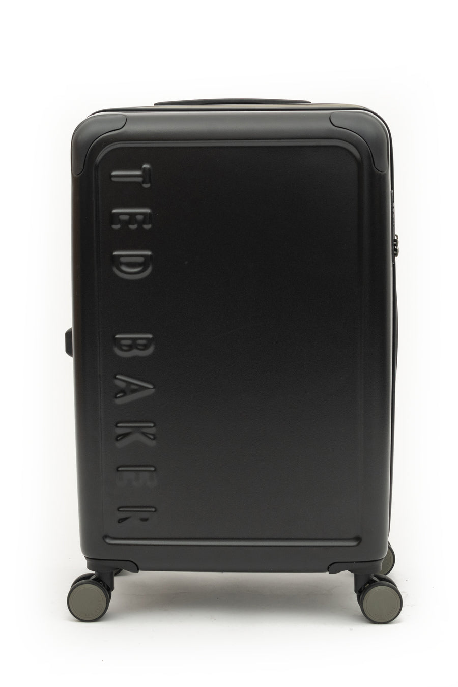 Black suitcase with 'Ted Baker' branding on a white background
