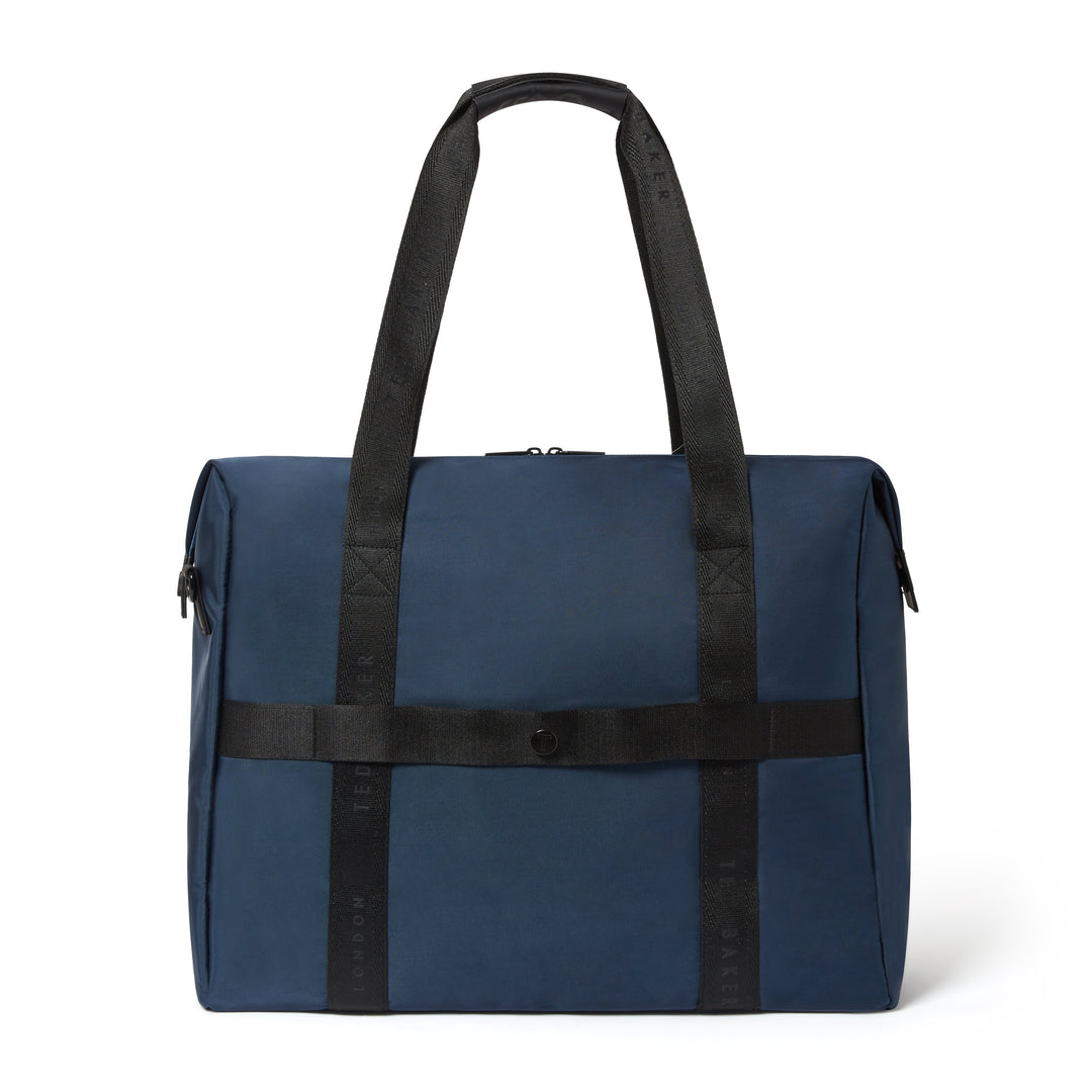 A navy blue duffel bag with black webbed handles and a horizontal strap across the front, photographed against a plain white background.