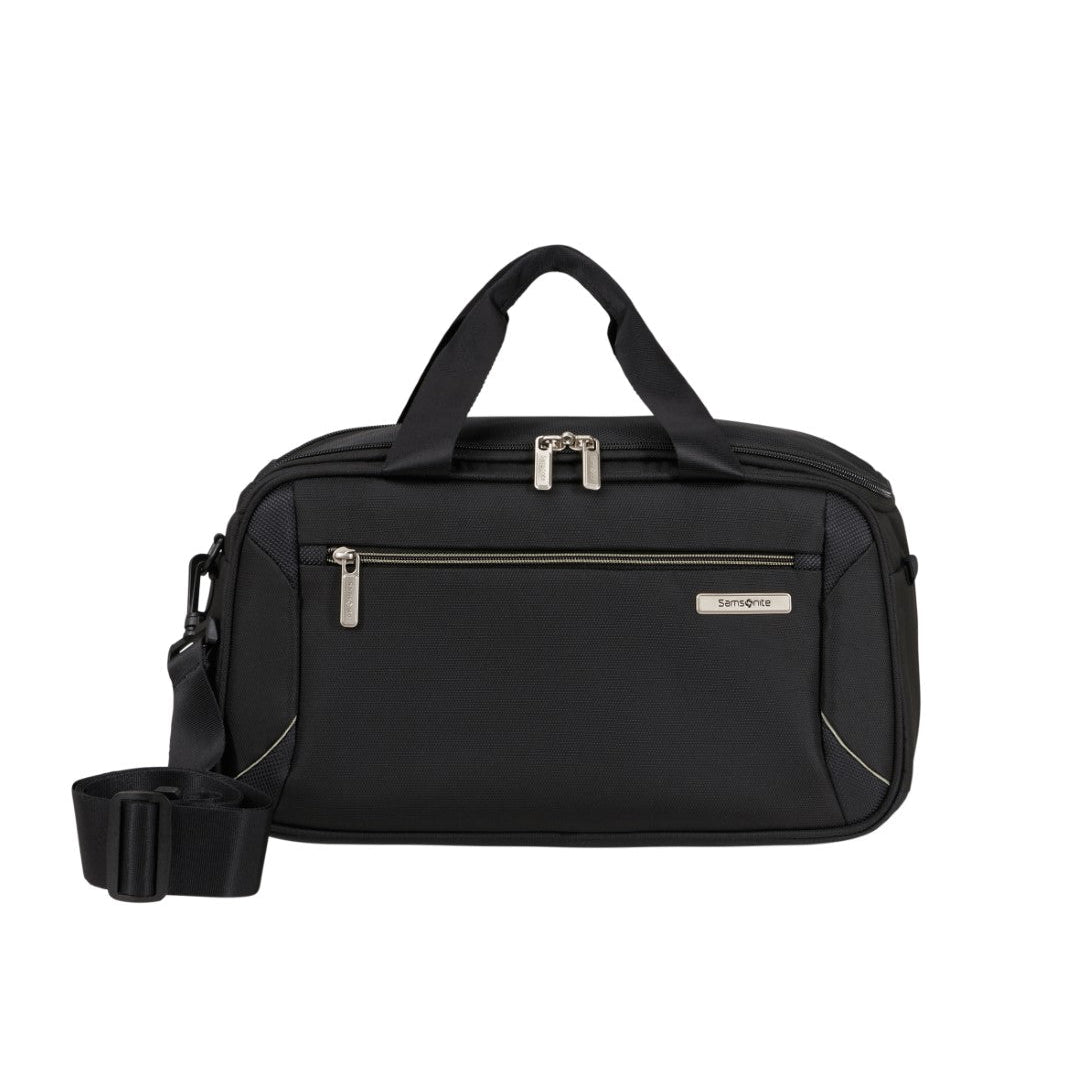 Black Samsonite duffel bag with zippers on a white background