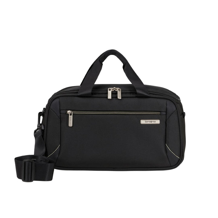 Black Samsonite duffel bag with zippers on a white background