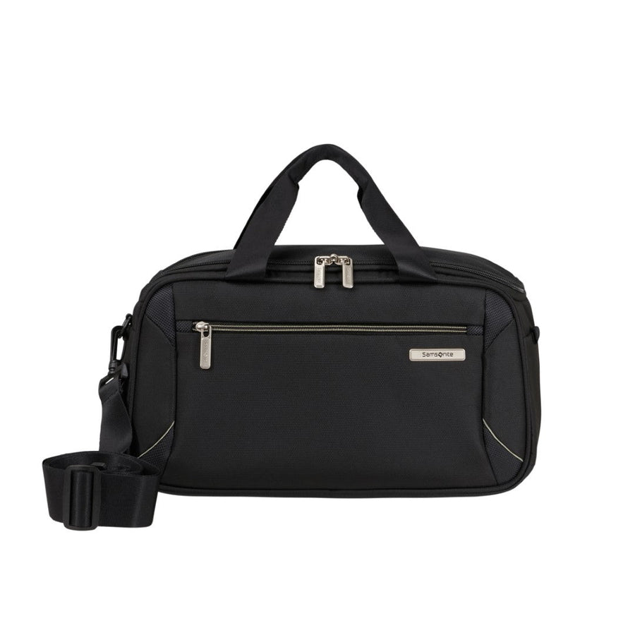 Black Samsonite duffel bag with zippers on a white background