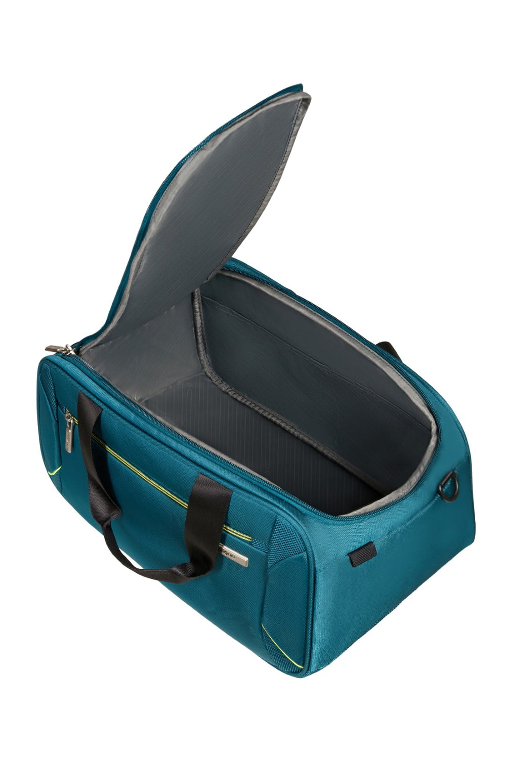 Teal duffel bag with open top on a white background