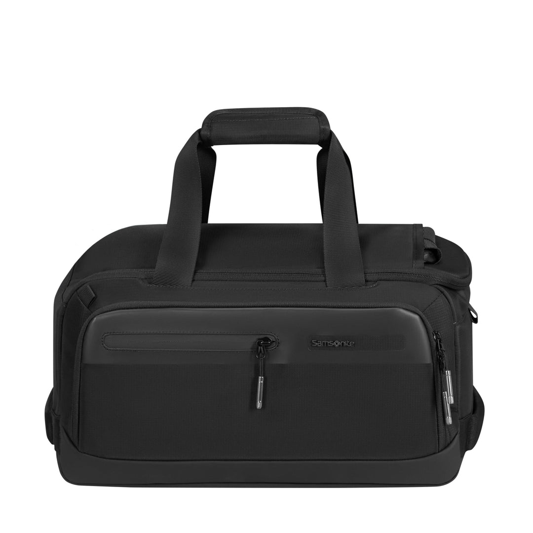 A black duffel bag with dual top handles, a front zippered pocket, shown against a plain white background.