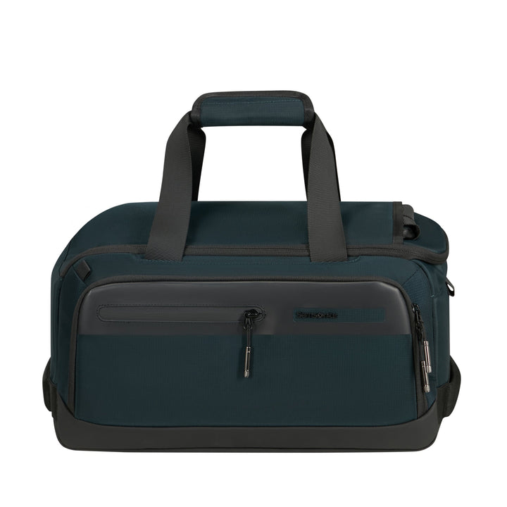 A dark teal and black duffel bag with dual top handles, a front zippered pocket, and a top carry handle, shown against a plain white background.