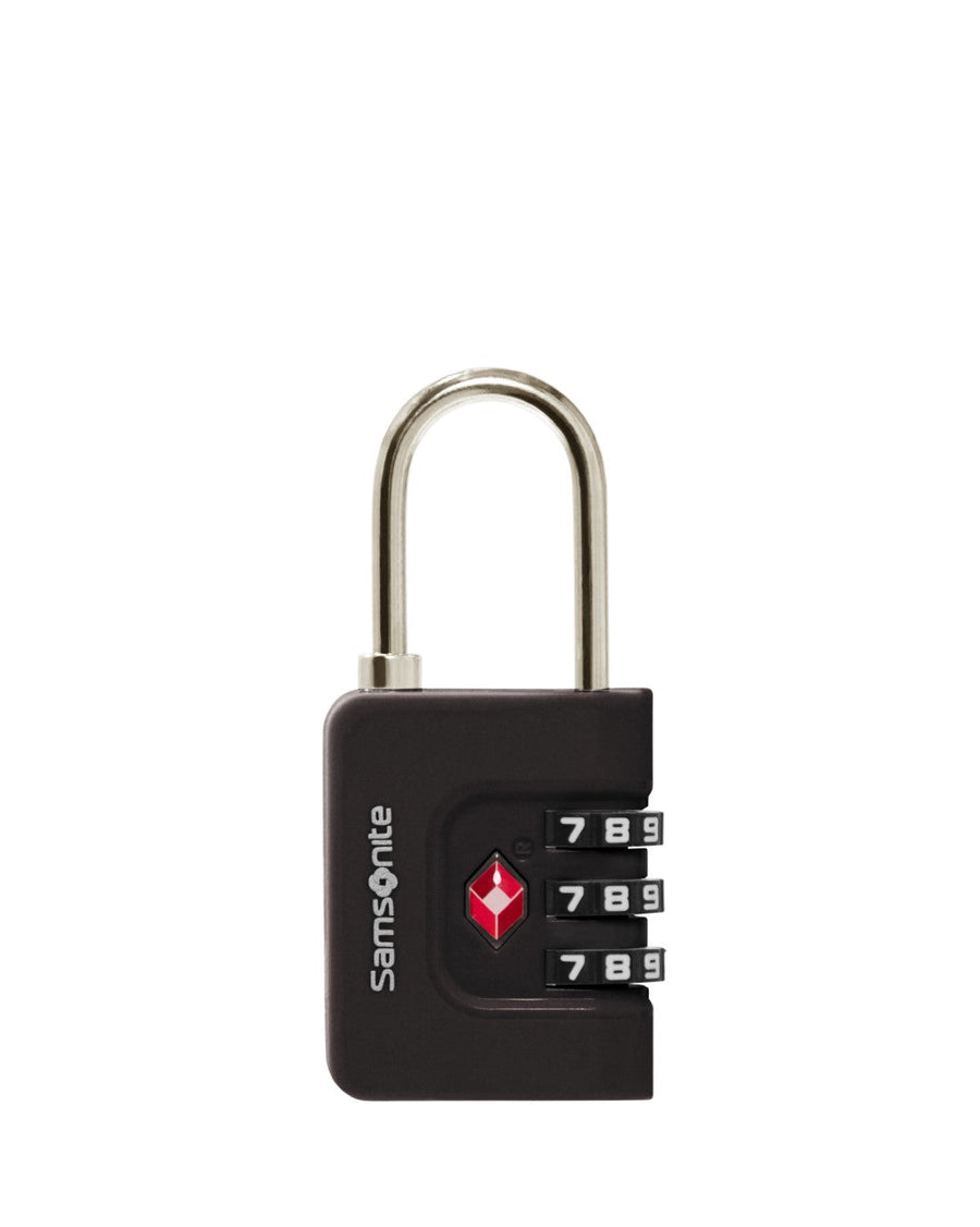 Black Samsonite combination lock with red TSA logo on a white background