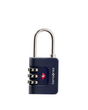 Navy blue Samsonite combination TSA lock with silver shackle on a white background