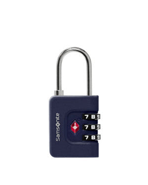 Navy blue TSA-approved combination lock on a white background