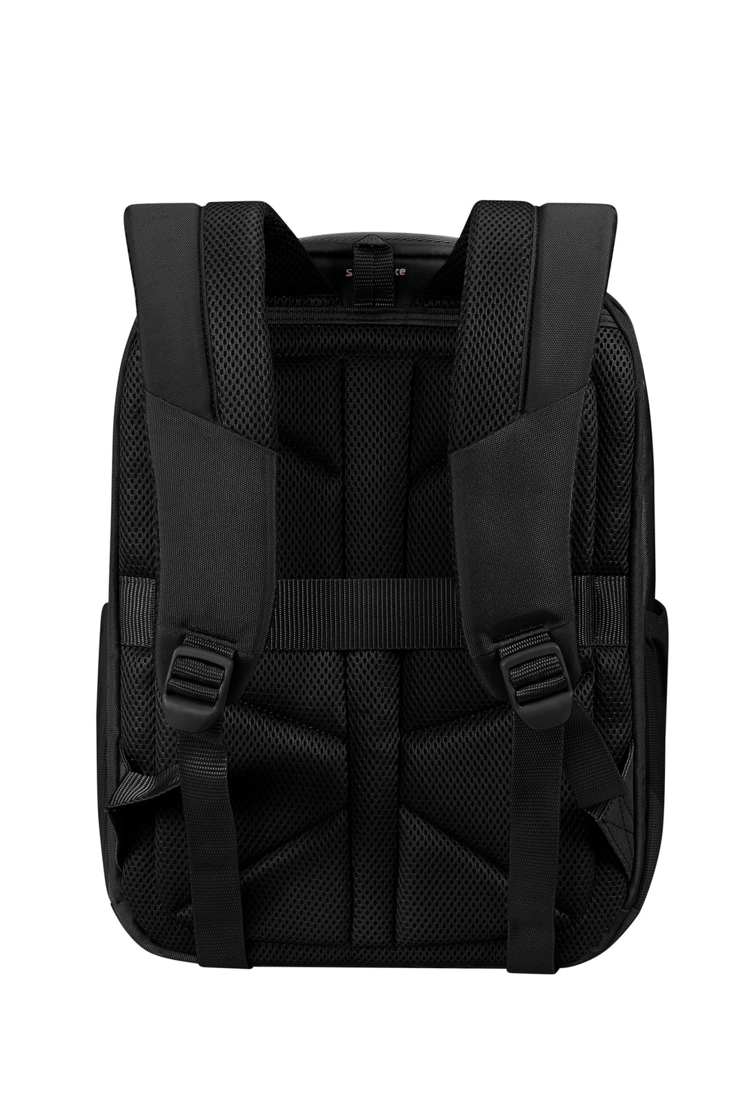 Black backpack with multiple straps on a white background