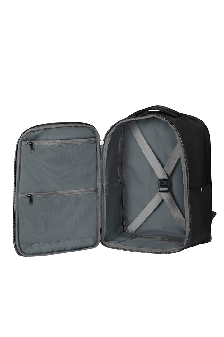 Open black backpack with gray interior on a white background