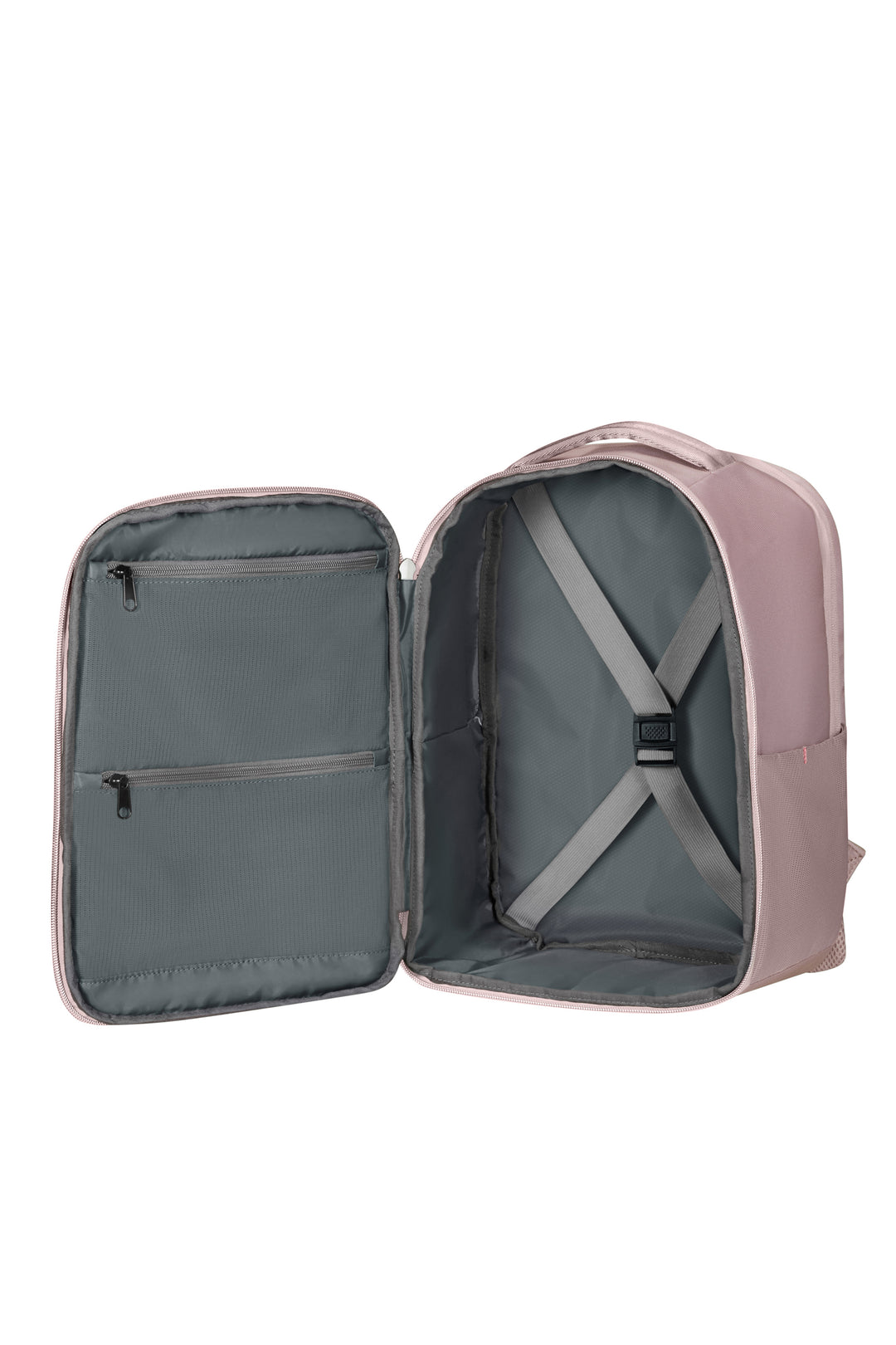 Pink backpack with open compartments on a white background