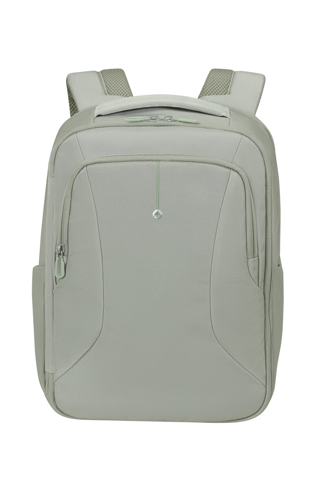 Light sage green backpack on a white background