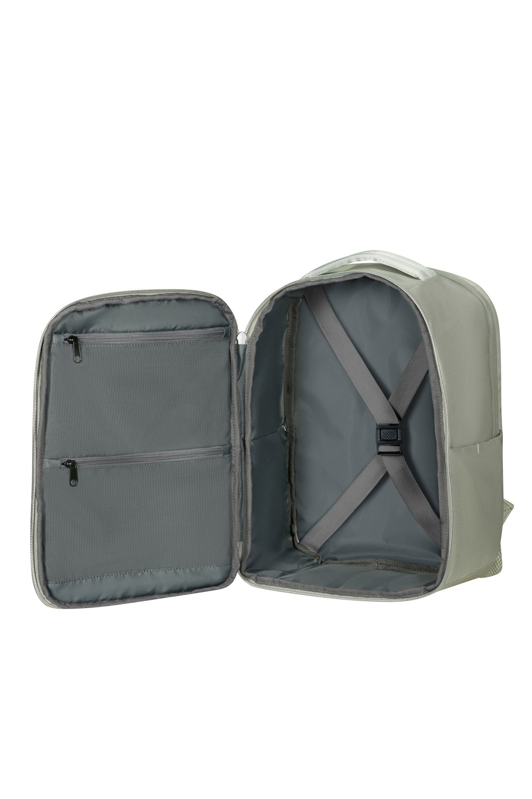 Open green backpack showing interior compartments on a white background