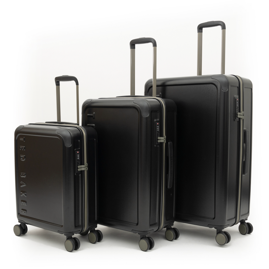 Three black suitcases of different sizes on a white background