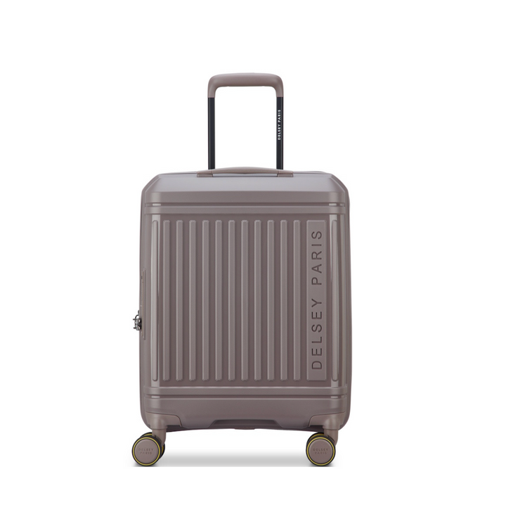Brown cabin suitcase with 'Delsey Paris' branding on a white background