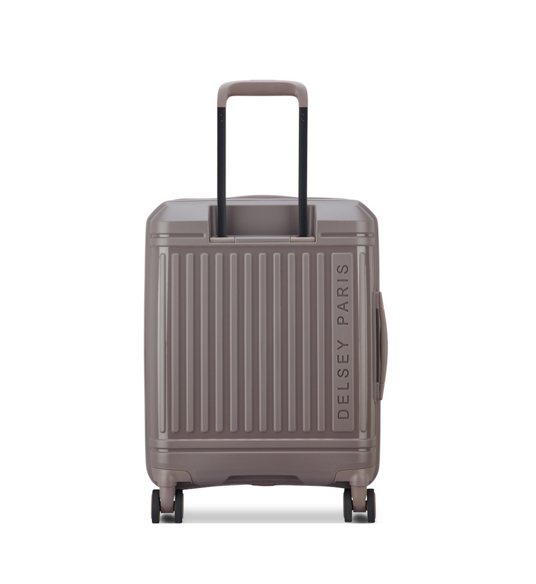 Back of a brown cabin suitcase with 'Delsey Paris' branding on a white background