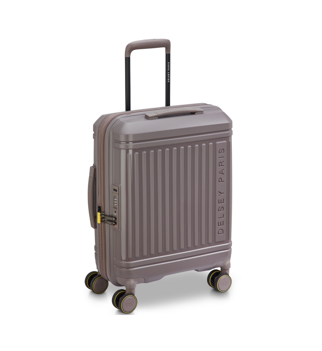 Brown cabin suitcase with 'Delsoe Paris' branding on a white background